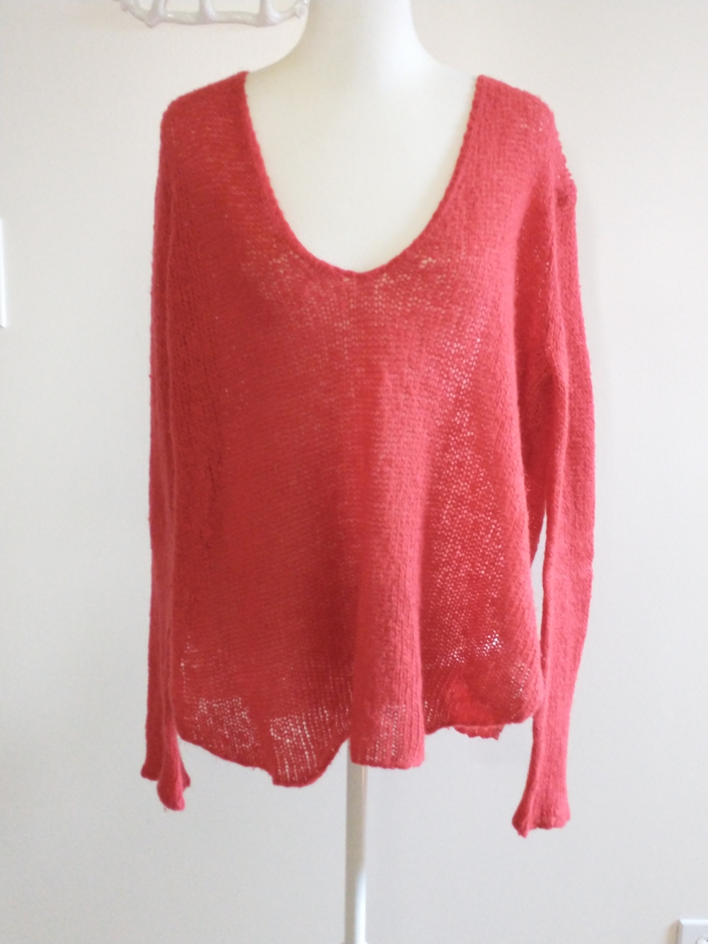 Wooden Ships Coral Red Open-Knit V-Neck Sweater S/M
